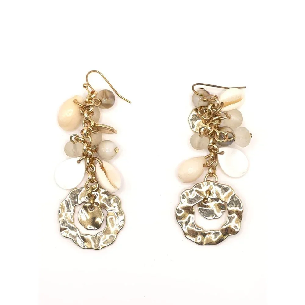 Bohemian Style Gold Tone Seashell & Bead Dangle Earrings - Picture 6 of 8